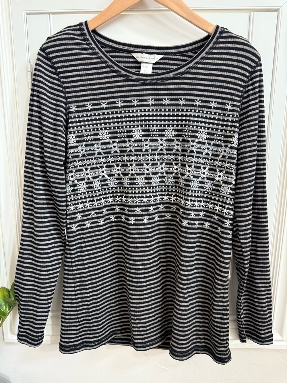 Christopher & Banks Black and Gray Striped Long Sleeve Top with White Pattern
